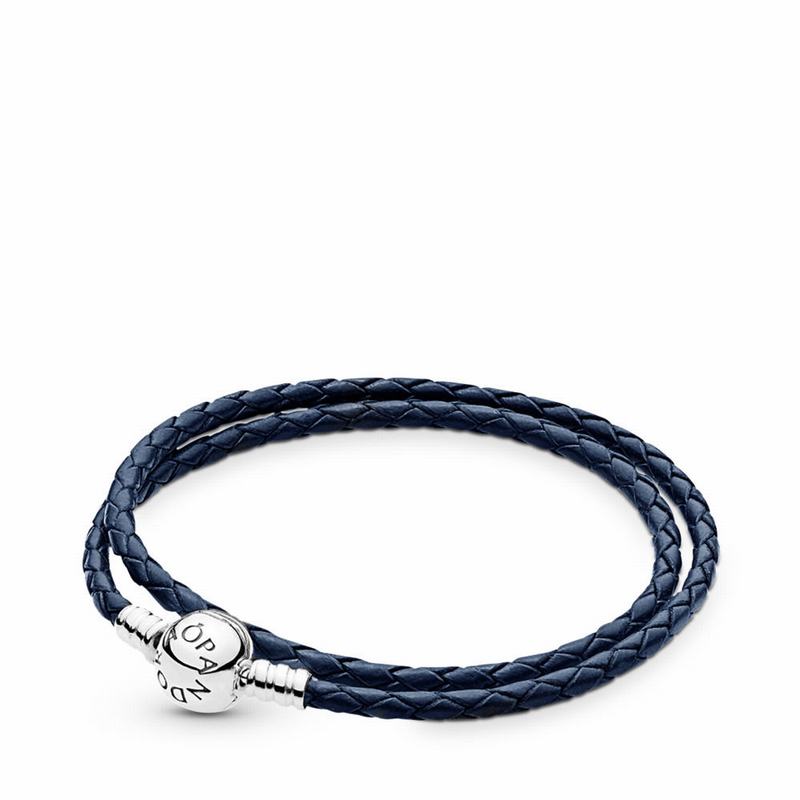 Pandora Dark Blue Braided Double-leather Charm Bracelet - Sterling Silver/Leather/Blue - Canada | QK